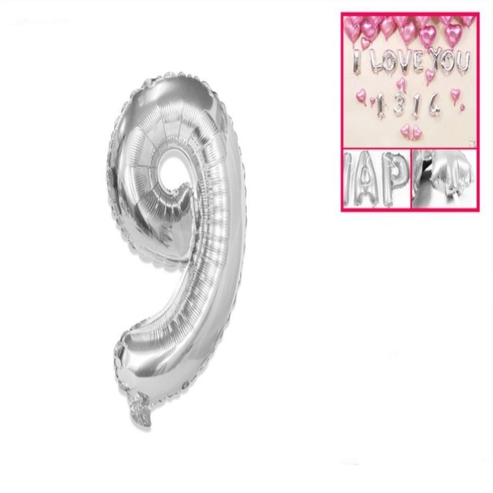 FOIL BALLOON "9" SILVER 45CM